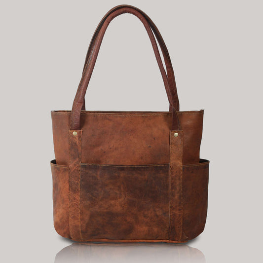 Vintage Genuine Leather Women's Tote Style Shoulder Handbag Valentine Gift Shopper Brown 16” Bag
