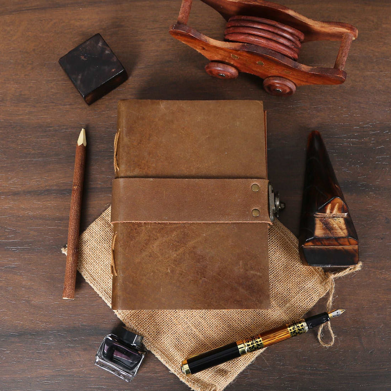 Vintage Leather Journal - Lock Closure - Antique Deckle Edge Handmade Paper - Book of Shadows Journal