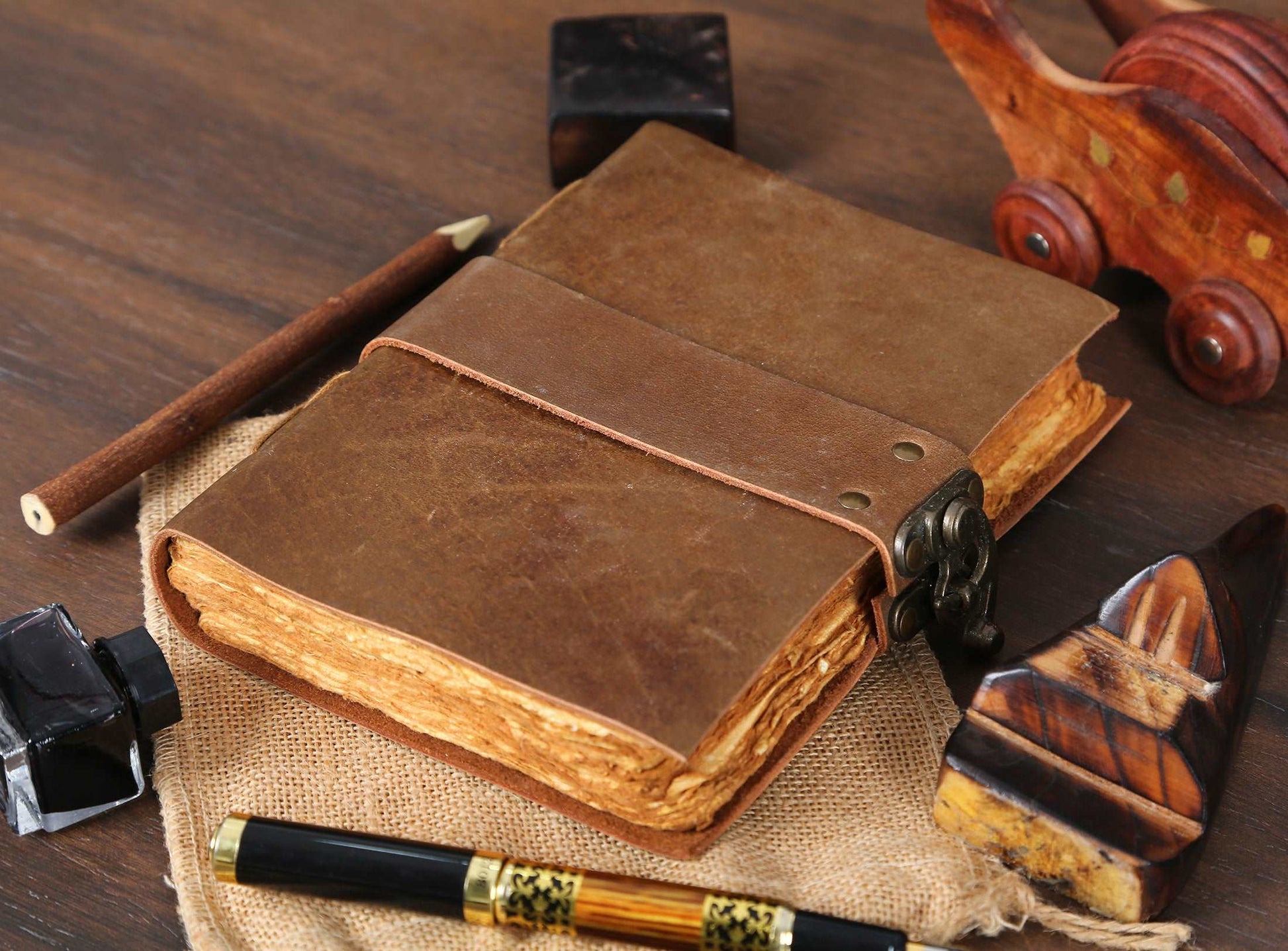 Vintage Leather Journal - Lock Closure - Antique Deckle Edge Handmade Paper - Book of Shadows Journal