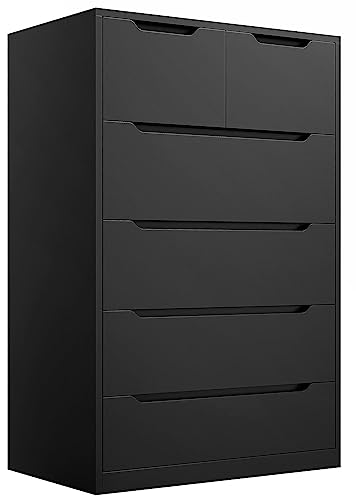 Hana Exports Dresser，Dresser for Bedroom with 6 Wood Drawers, Black Dresser and Tall Dresser with Large Organizer, Wood Dressers & Chests of Drawers with Smooth Metal Rail, Black