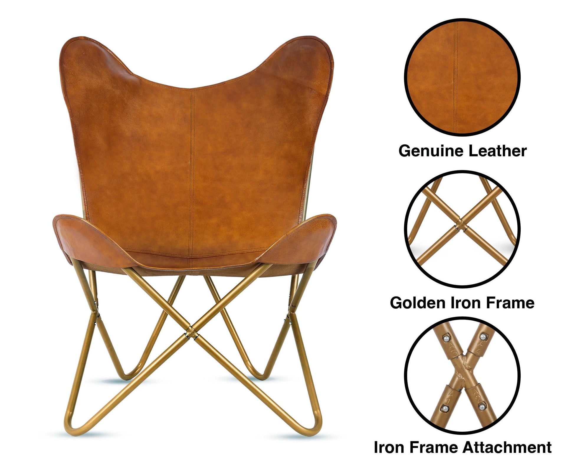 Leather Living Room Chairs- Brown Leather Butterfly Chair-Handmade with Powder Coated Iron Frame