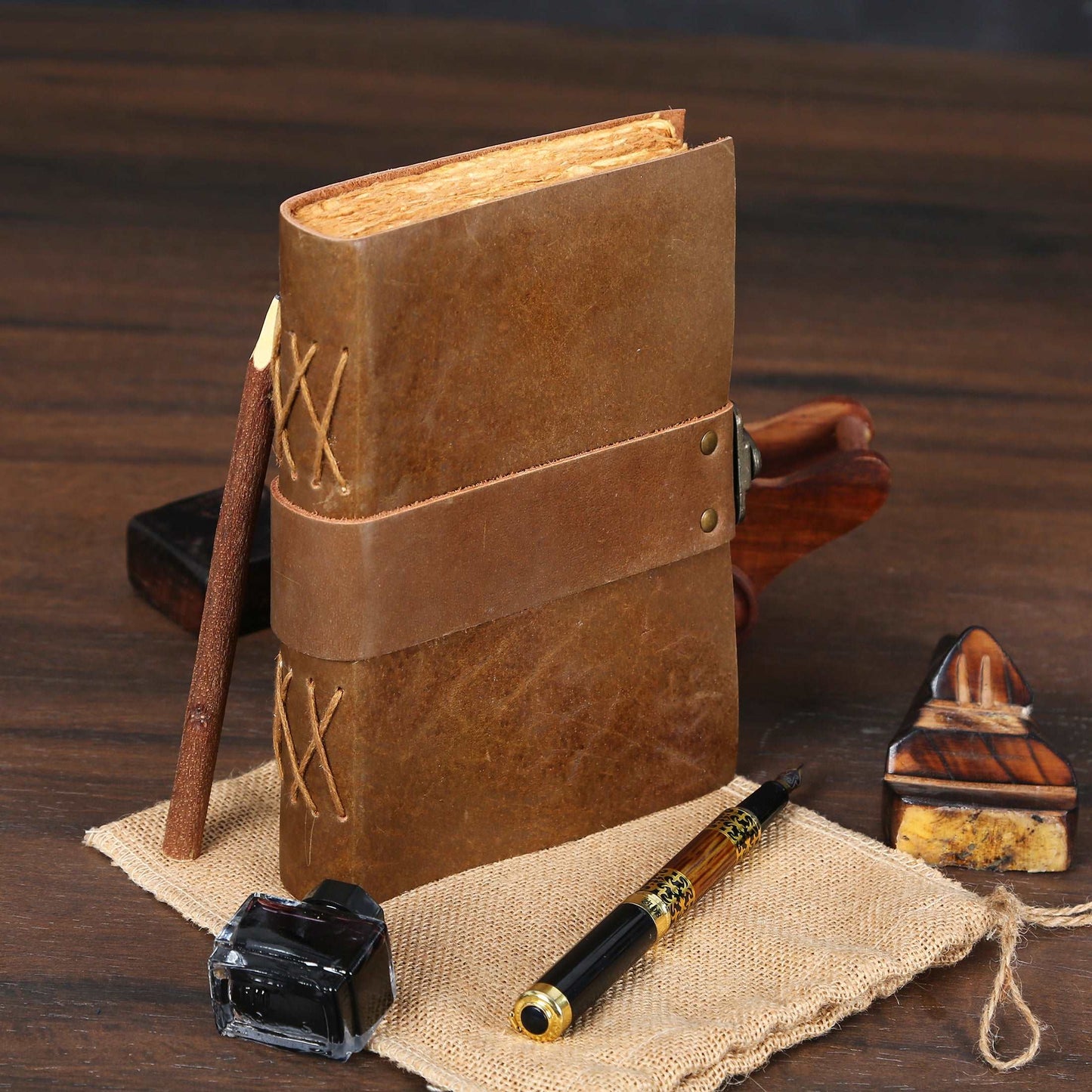 Vintage Leather Journal - Lock Closure - Antique Deckle Edge Handmade Paper - Book of Shadows Journal