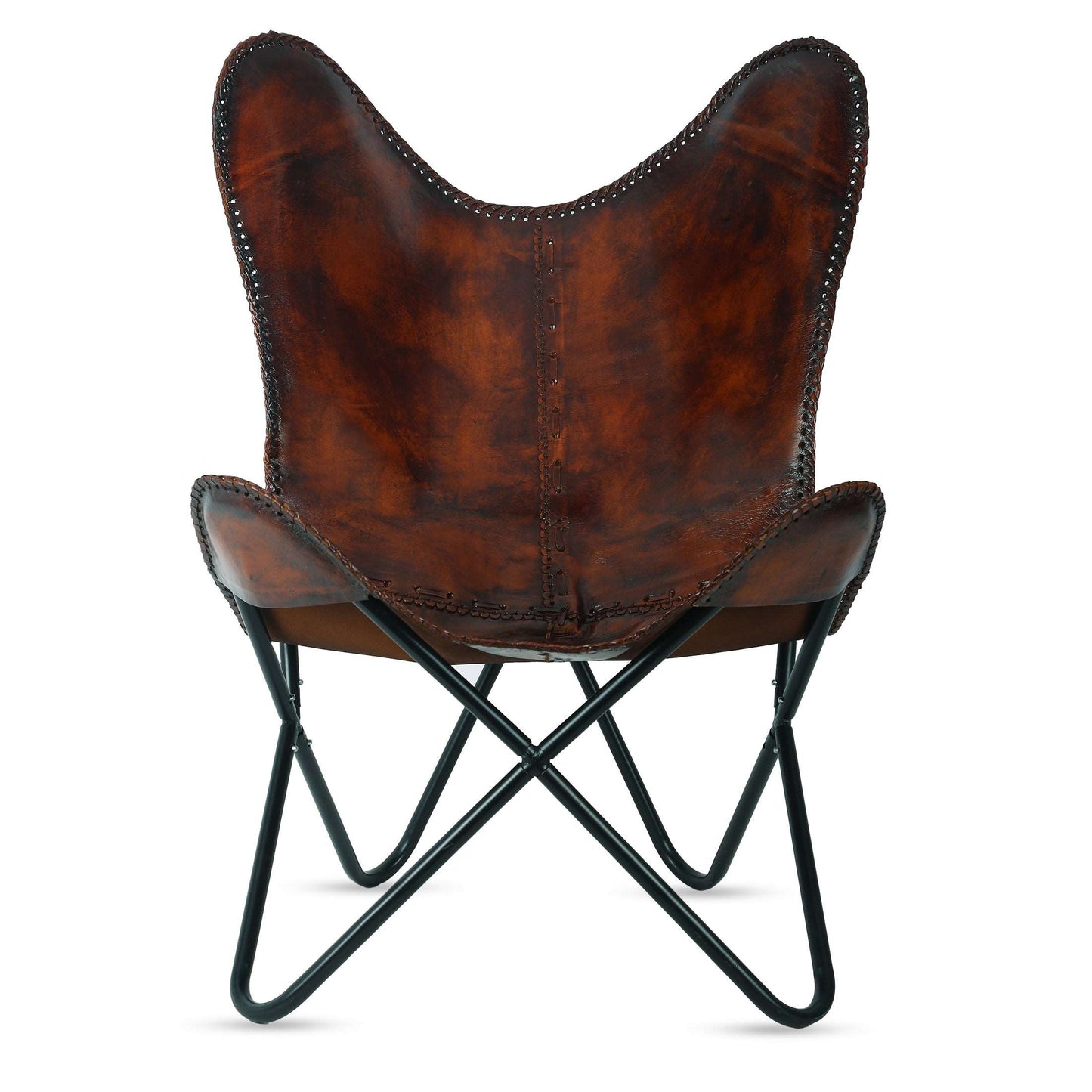 Handmade Leather Butterfly Chair Living Room- Side Hand Stich Leather Chair-Handmade with Powder Coated Folding Black Iron Frame