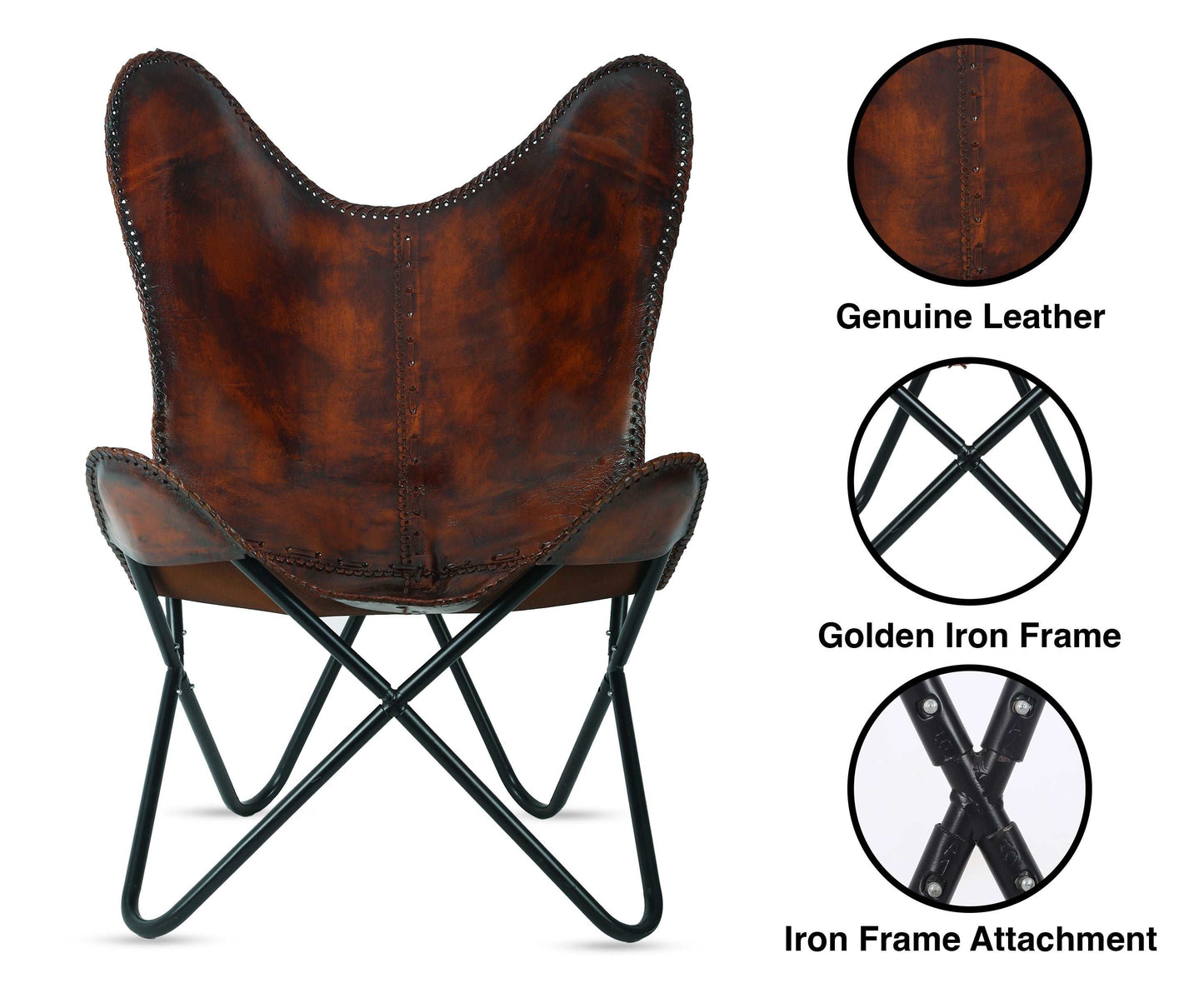 Handmade Leather Butterfly Chair Living Room- Side Hand Stich Leather Chair-Handmade with Powder Coated Folding Black Iron Frame