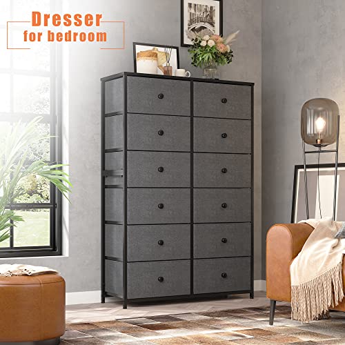 Hana Exports 12 Drawer Dresser, Tall Dressers for Bedroom with Wooden Top and Metal Frame, Black Dresser & Chest of Drawers for Bedroom, Closet Living Room, Black Grey, 11.9" D x 34.8" W x 52.2" H