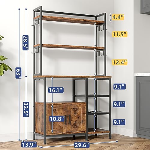 Hana Exports Bakers Rack 6 Tier Coffee Bar with Cabinet and 8 Side Hooks, Bakers Racks for Kitchens with Storage, Large Capacity Microwave Stand for Kitchen Storage Rack