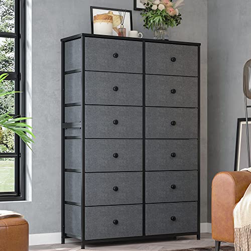Hana Exports 12 Drawer Dresser, Tall Dressers for Bedroom with Wooden Top and Metal Frame, Black Dresser & Chest of Drawers for Bedroom, Closet Living Room, Black Grey, 11.9" D x 34.8" W x 52.2" H