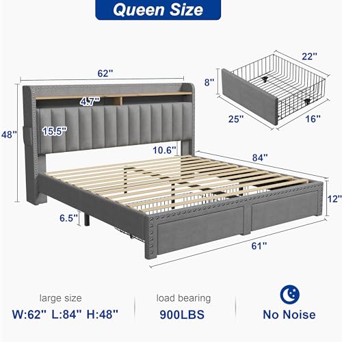 Hana Exports Queen Bed Frame with Headboard and Storage, Upholstered Queen Bed Frame with Storage, Queen Size Bed Frame with 2 Drawers, Queen Size Bed Frame with Storage, NO Noise,No Box Spring Needed