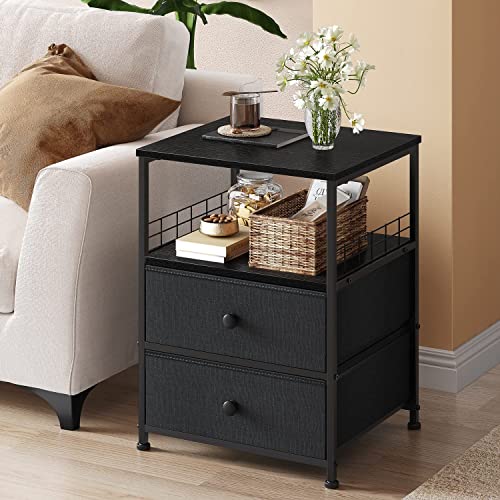 Hana Exports Nightstands Set of 2, Bedside Table with Fabric Drawers and Open Wood Shelf Storage, Bed Side Table with Metal Frame, Night Stand for Bedroom, Dorm, Easy Assembly and Pull, Black and Gray