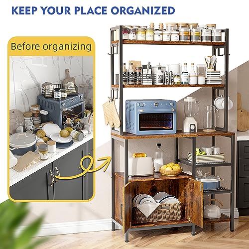 Hana Exports Bakers Rack 6 Tier Coffee Bar with Cabinet and 8 Side Hooks, Bakers Racks for Kitchens with Storage, Large Capacity Microwave Stand for Kitchen Storage Rack