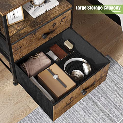 Hana Exports Nightstands Set of 2, Bedside Table with Fabric Drawers and Open Wood Shelf Storage, Bed Side Table with Metal Frame, Night Stand for Bedroom, Dorm, Easy Assembly and Pull, Black and Gray