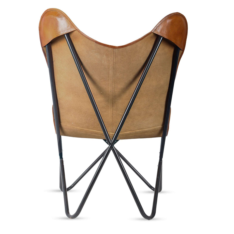 Handmade Leather Living Room Chairs-Butterfly Chair Tan Leather Butterfly Chair-Handmade with Powder Coated Folding Iron Frame