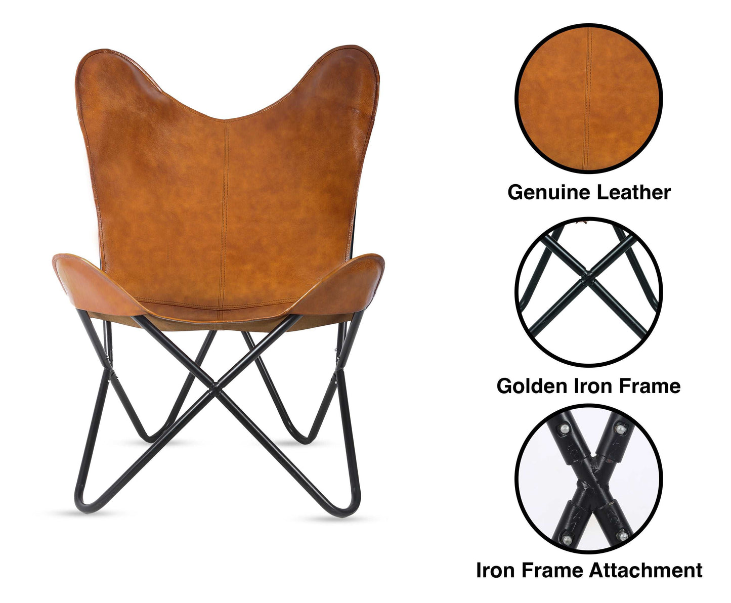 Handmade Leather Living Room Chairs-Butterfly Chair Tan Leather Butterfly Chair-Handmade with Powder Coated Folding Iron Frame
