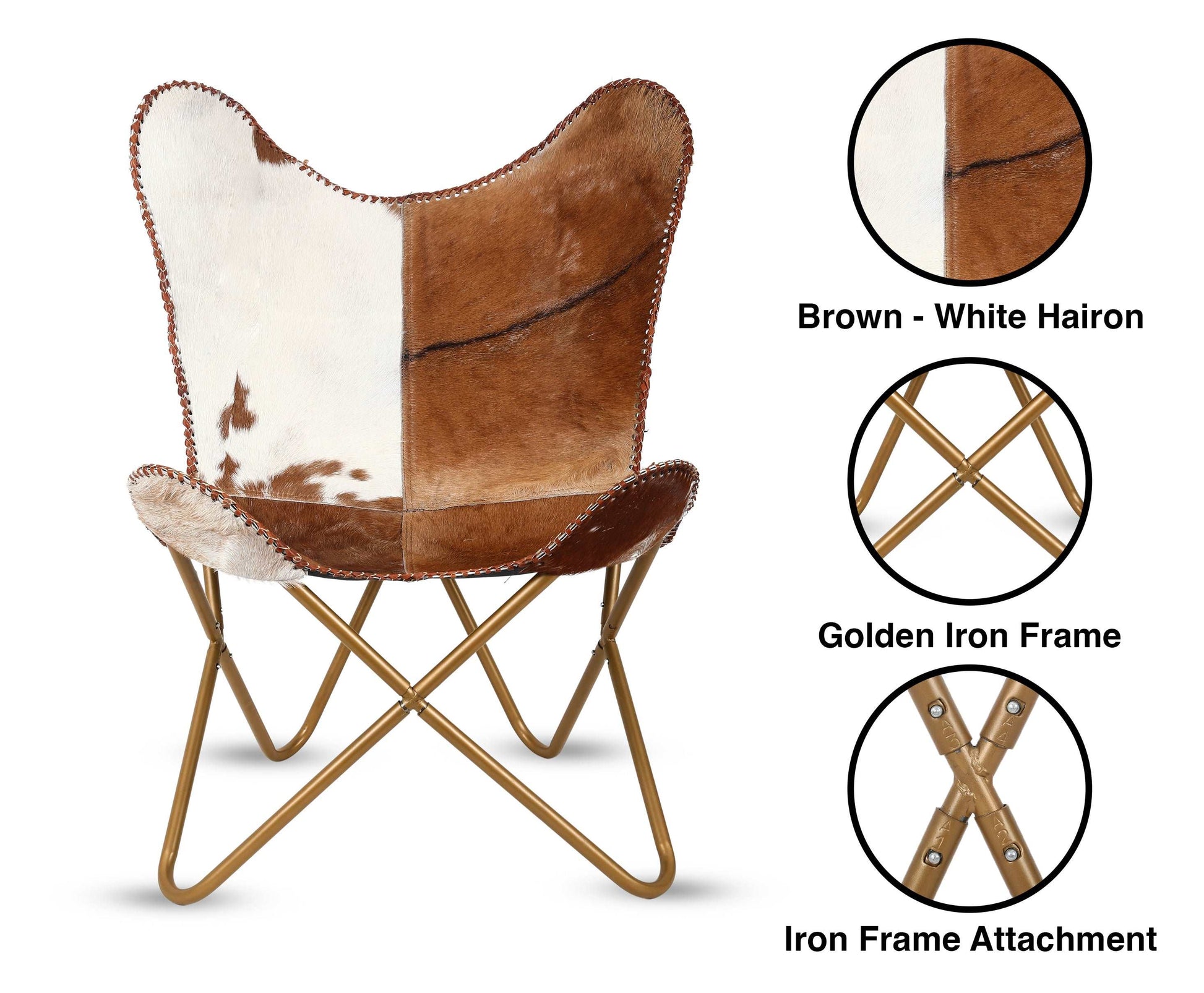 Home Decor Genuine Goat Leather Butterfly Arm Chair with Brown White Hair on Cover