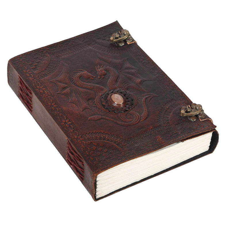 Double dragon stone handmade leather journal notebook, hand embossed diary