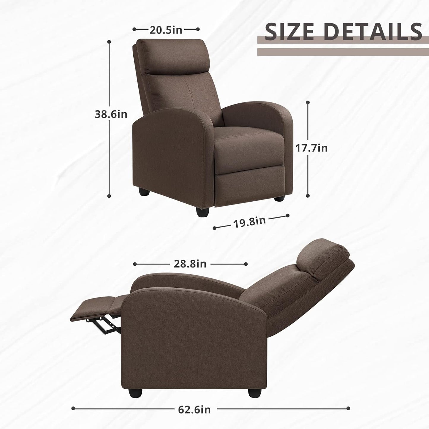 Recliner Chair Adjustable Home Theater Single Fabric Recliner Sofa Furniture with Thick Seat Cushion and Backrest Modern Living Room Recliners (Brown)