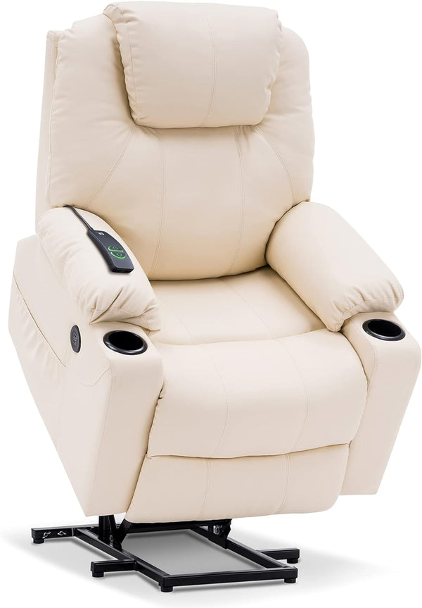 Electric Power Lift Recliner Chair Sofa with Massage and Heat for Elderly, 3 Positions, 2 Side Pockets, and Cup Holders, USB Ports, Faux Leather 7040 (Medium, Cream White)