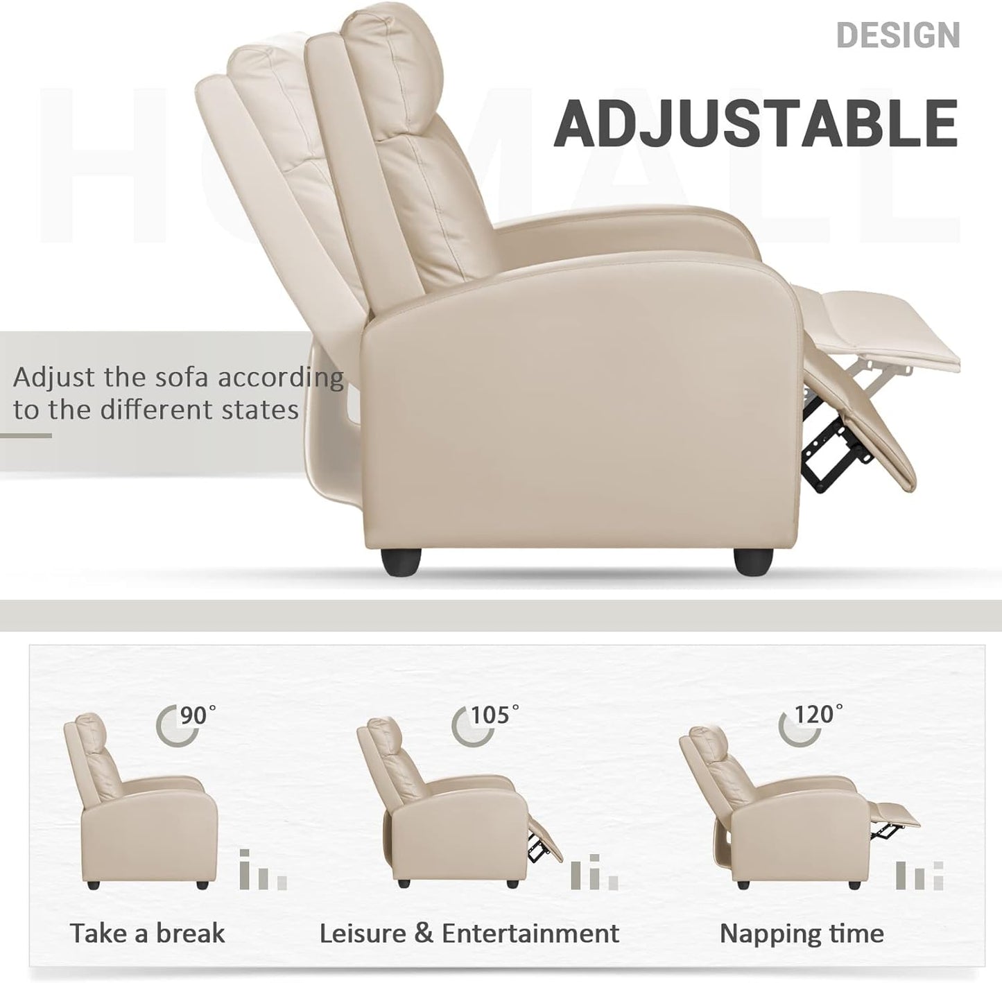 Recliner Chair, Recliner Sofa PU Leather for Adults, Recliners Home Theater Seating with Lumbar Support, Reclining Sofa Chair for Living Room (Beige, Leather)