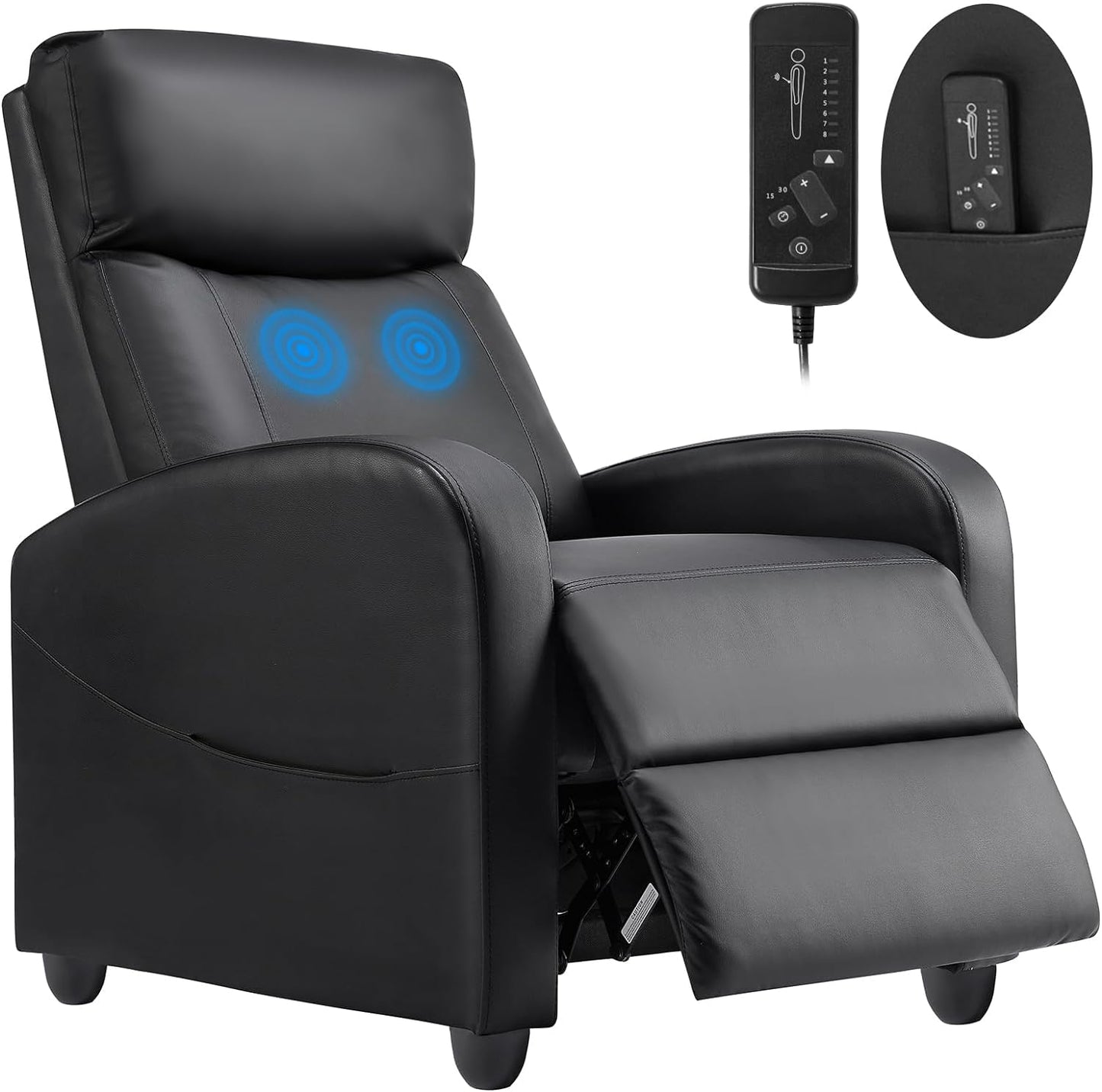 Recliner Chair Massage Reclining for Adults, Comfortable PU Leather Recliner Sofa Adjustable Home Theater Seating Lounge with Padded Seat Backrest, Small Recliners for Living Room, Bedroom (Black)