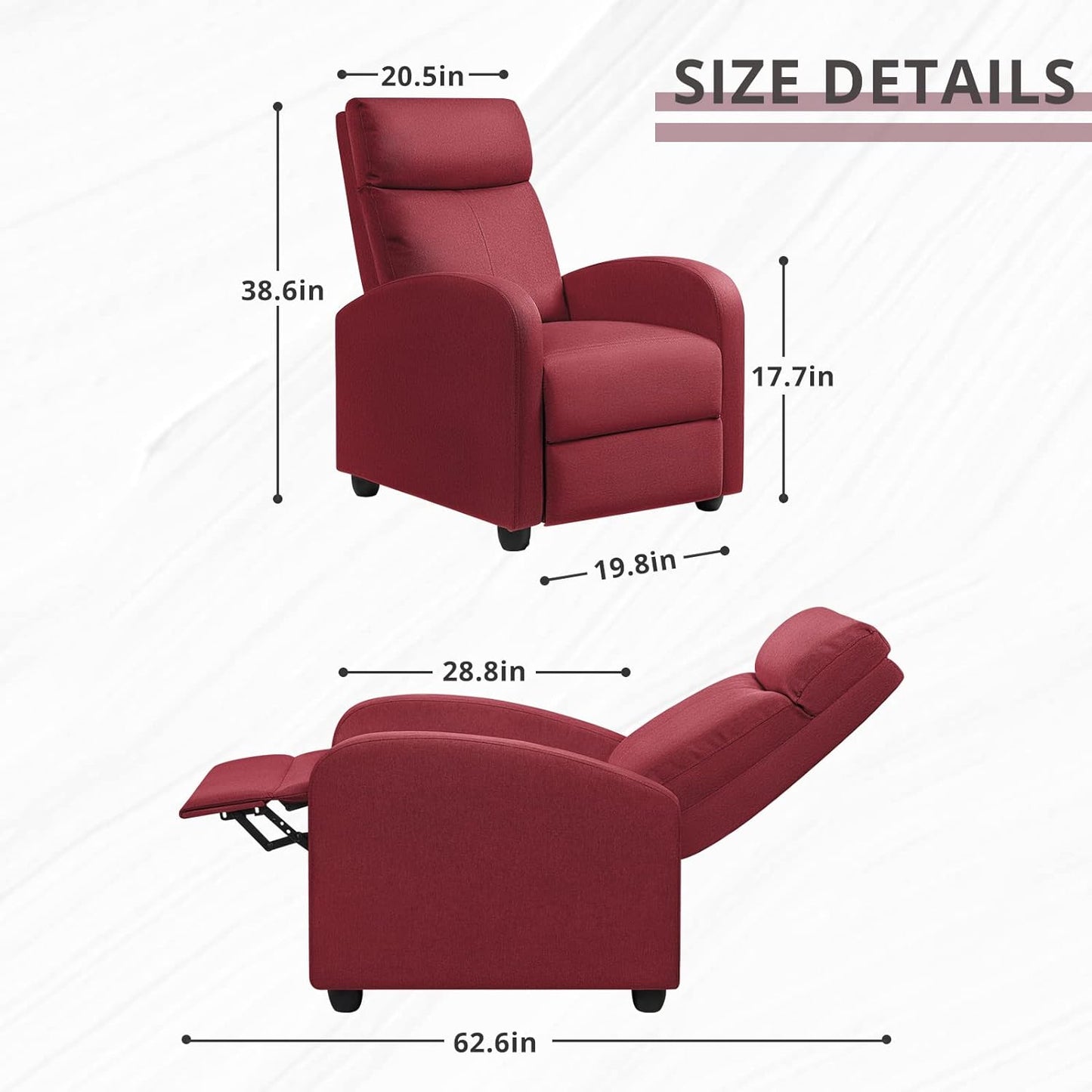 Recliner Chair Adjustable Home Theater Single Fabric Recliner Sofa Furniture with Thick Seat Cushion and Backrest Modern Living Room Recliners (Red)