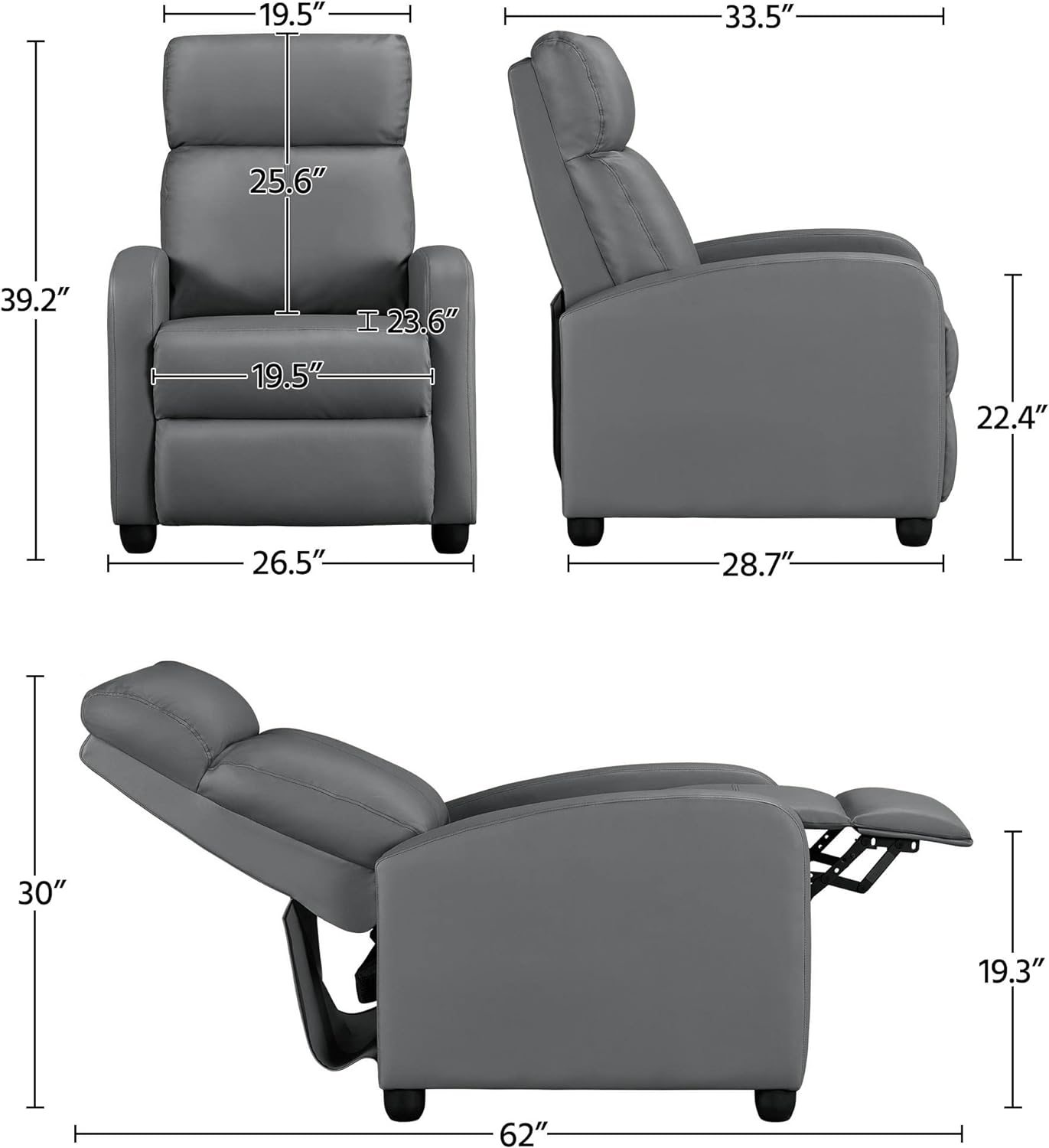 Recliner Chair PU Leather Recliner Sofa Home Theater Seating with Lumbar Support Overstuffed High-Density Sponge Push Silver Gray Recliners