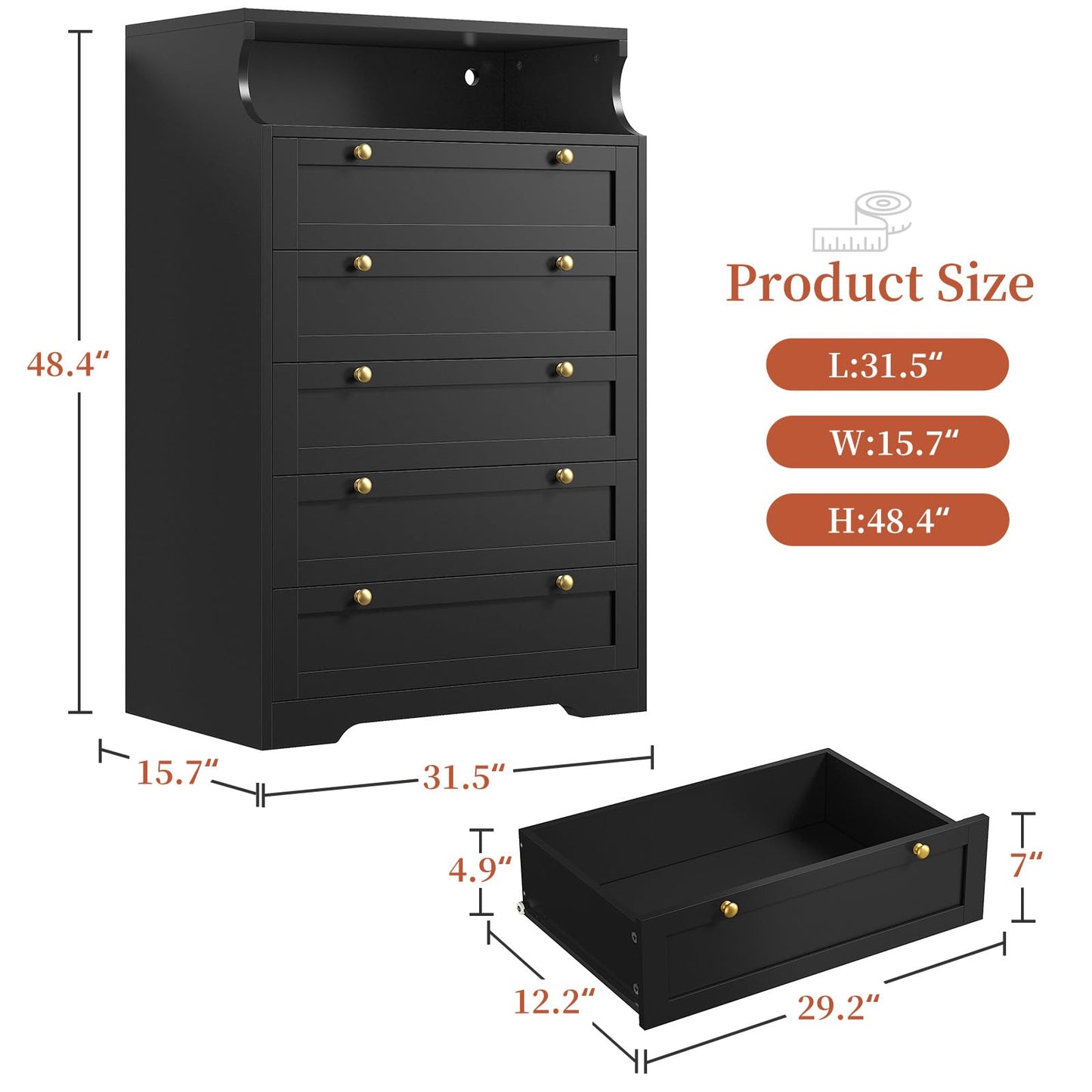 Hana Exports Dresser, Black Dresser for Bedroom, Black Dresser with LED, Bedroom Dressers & Chests of Drawers, Tall Dresser with 5 Wood Drawers, Dressers for Bedroom with Metal Handles 48.4" H