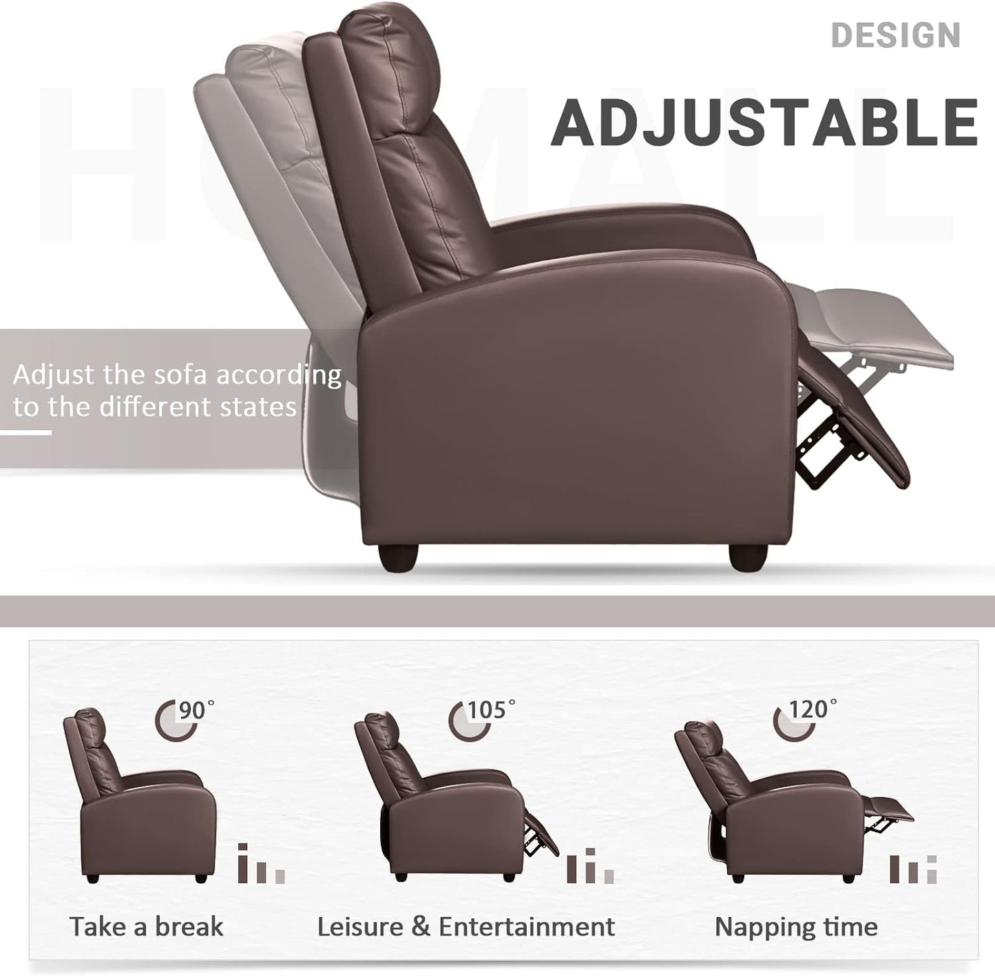 Recliner Chair, Recliner Sofa PU Leather for Adults, Recliners Home Theater Seating with Lumbar Support, Reclining Sofa Chair for Living Room (Brown, Leather)