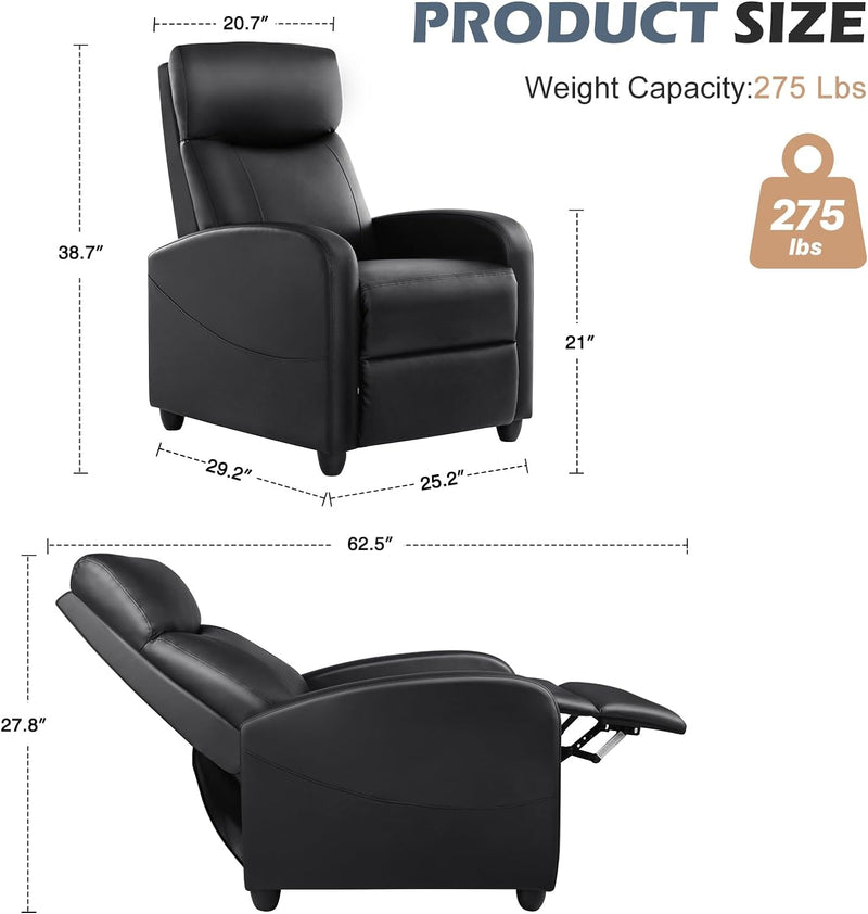 Recliner Chair Massage Reclining for Adults, Comfortable PU Leather Recliner Sofa Adjustable Home Theater Seating Lounge with Padded Seat Backrest, Small Recliners for Living Room, Bedroom (Black)