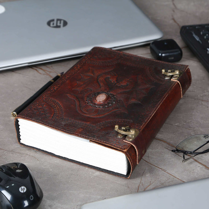 Double dragon stone handmade leather journal notebook, hand embossed diary