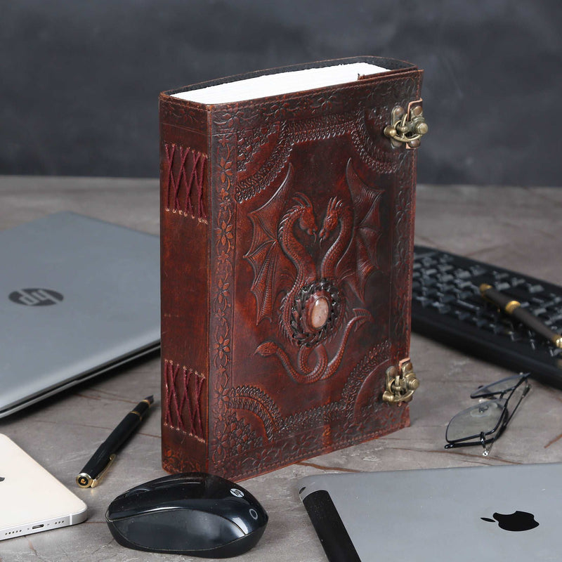 Double dragon stone handmade leather journal notebook, hand embossed diary