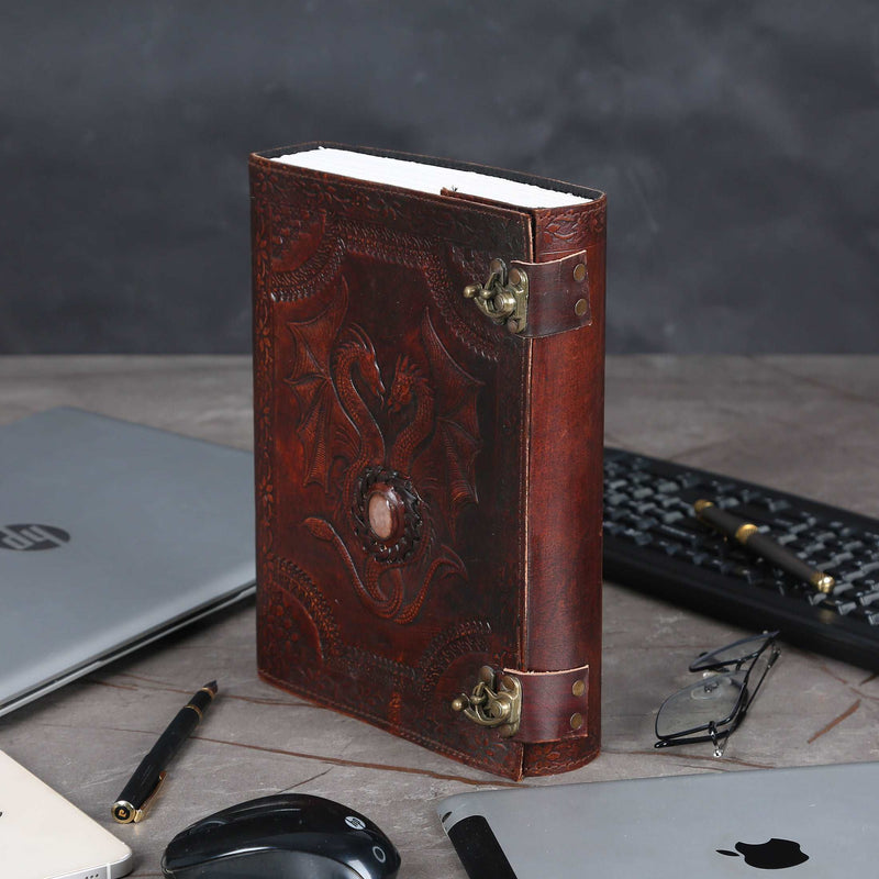 Double dragon stone handmade leather journal notebook, hand embossed diary