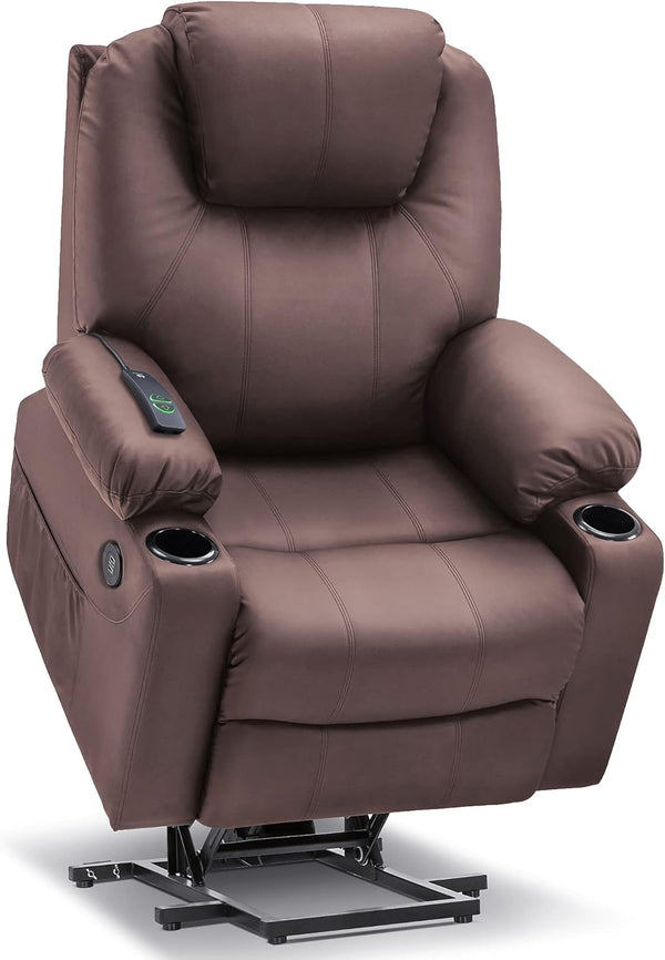 Electric Power Lift Recliner Chair Sofa with Massage and Heat for Elderly, 3 Positions, 2 Side Pockets, and Cup Holders, USB Ports, Faux Leather 7040 (Medium, Light Brown)