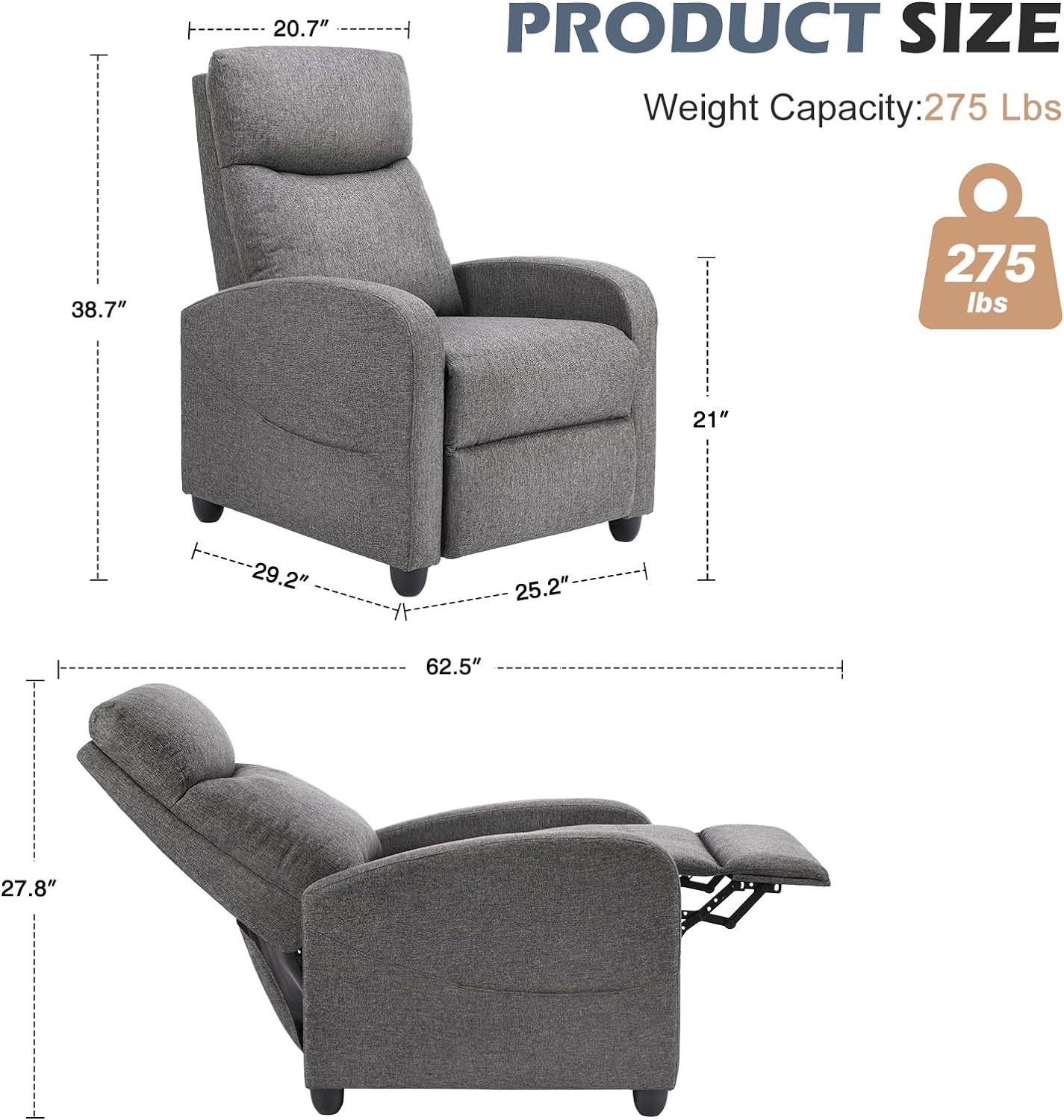 Recliner Chair Massage Reclining for Adults, Comfortable Fabric Recliner Sofa Adjustable Home Theater Seating Lounge with Padded Seat Backrest, Small Recliners for Living Room, Bedroom (Grey)