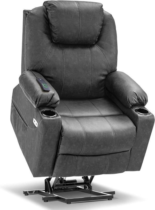 Electric Power Lift Recliner Chair Sofa with Massage and Heat for Elderly, 3 Positions, 2 Side Pockets, and Cup Holders, USB Ports, Faux Leather 7040 (Medium, Gray)