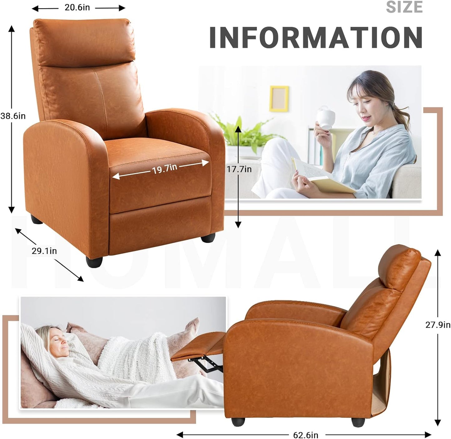 Recliner Chair, Recliner Sofa PU Leather for Adults, Recliners Home Theater Seating with Lumbar Support, Reclining Sofa Chair for Living Room (Khaki, Leather)