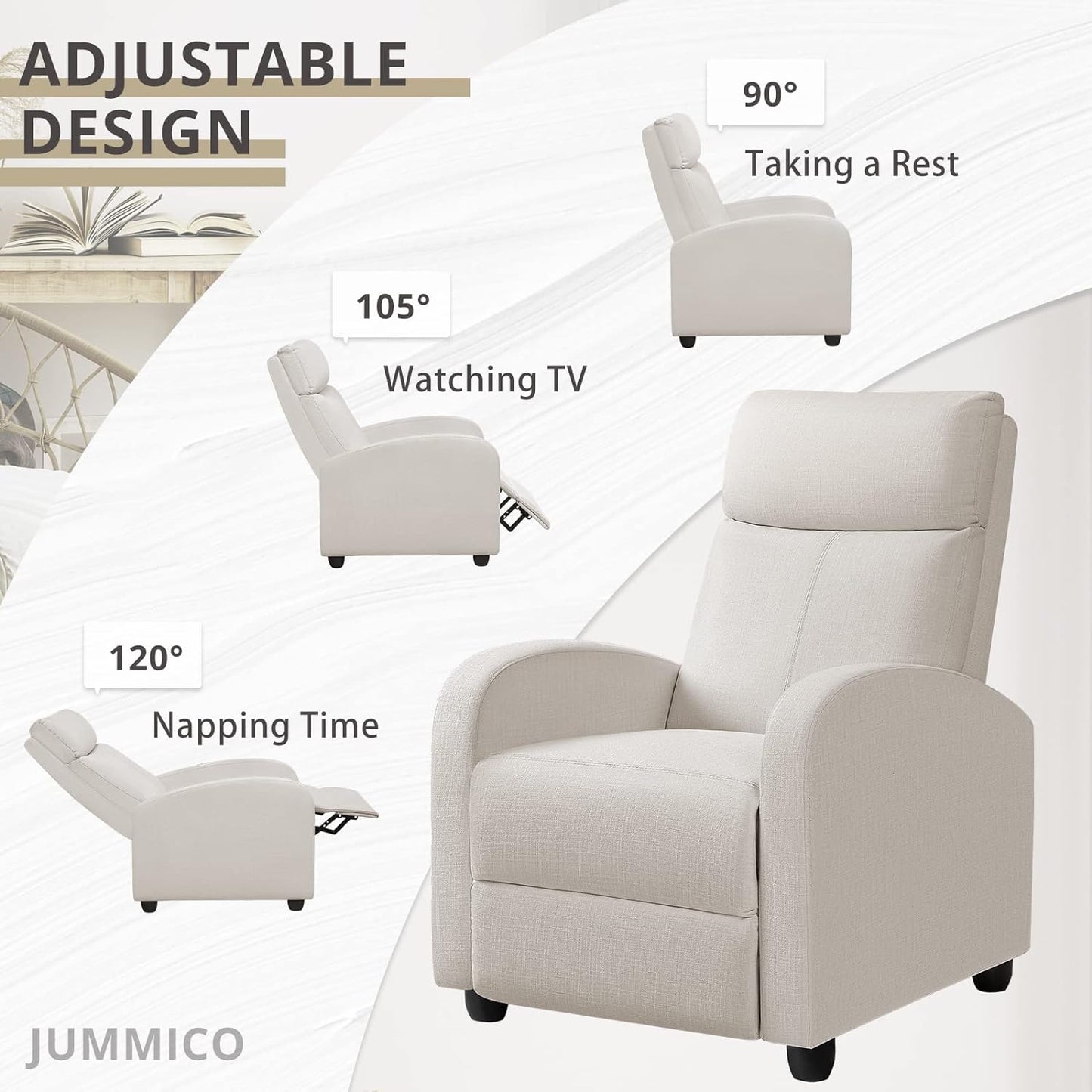 Recliner Chair Adjustable Home Theater Single Fabric Recliner Sofa Furniture with Thick Seat Cushion and Backrest Modern Living Room Recliners (Beige)