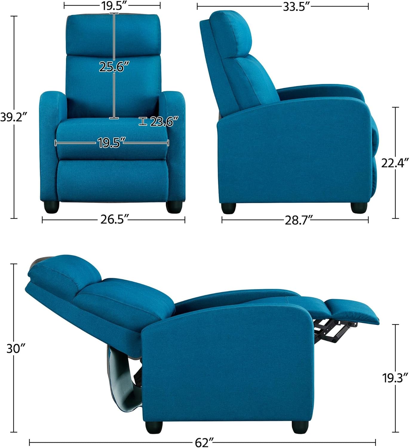 Fabric Recliner Sofa Modern Single Recliner Sofa Home Theater Seating with Thick Seat Cushion, Backrest and Pocket Spring, Blue