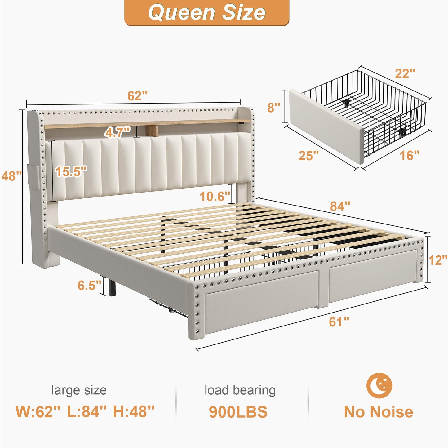 Hana Exports Queen Bed Frame with Headboard and Storage, Upholstered Queen Bed Frame with Storage, Queen Size Bed Frame with 2 Drawers, Queen Size Bed Frame with Storage, NO Noise,No Box Spring Needed
