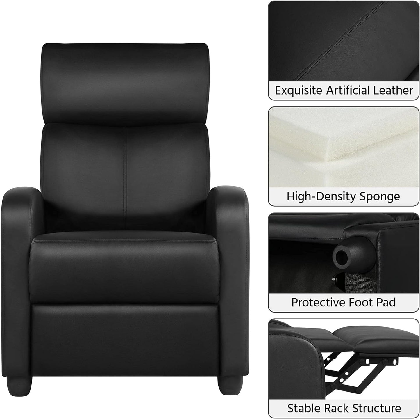 Recliner Chair PU Leather Recliner Sofa Home Theater Seating with Lumbar Support Overstuffed High-Density Sponge Push Back Recliners Armchair for Living Room