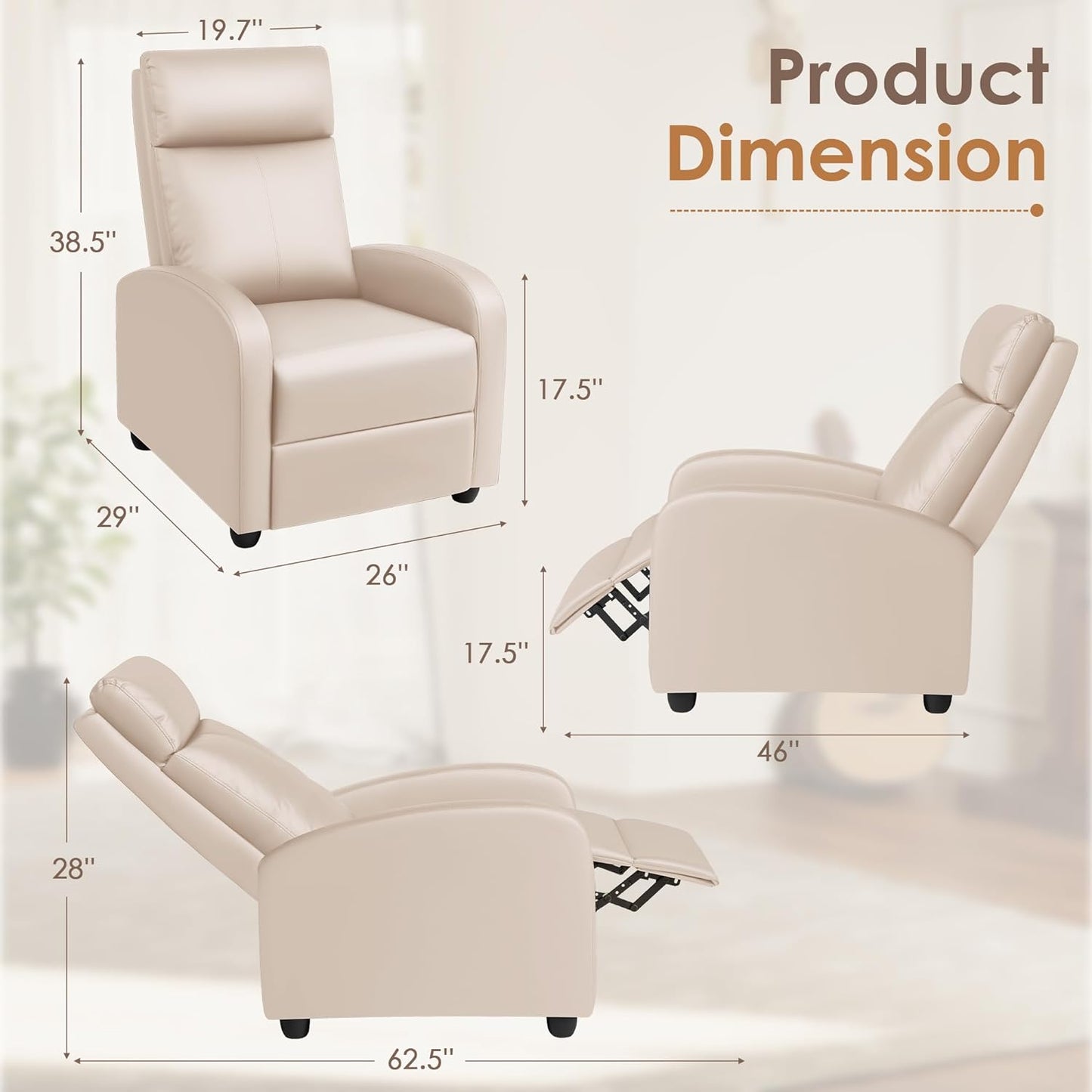 Rankok Recliner Chair Modern PU Leather Reclining Chair Ergonomic Adjustable Recliner for Living Room Home Theater Seating Single Sofa (Beige)