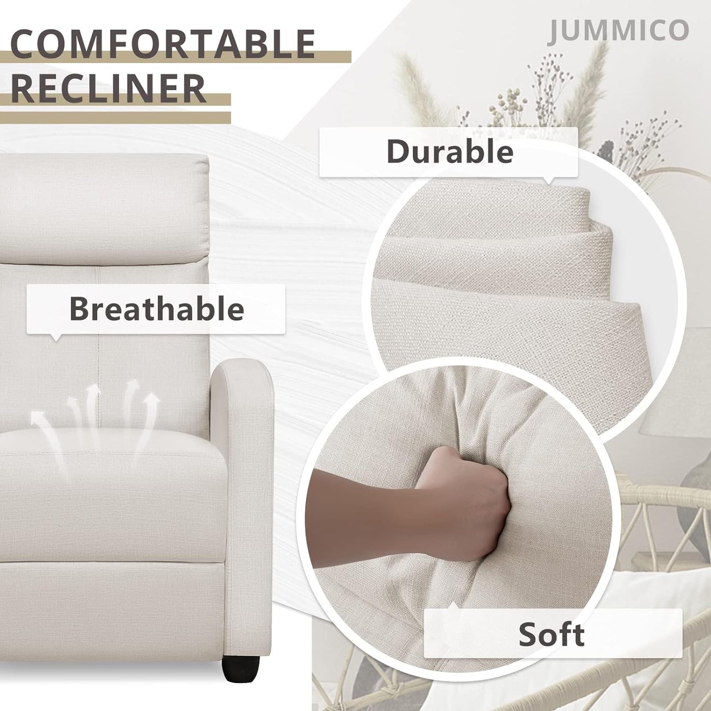 Recliner Chair Adjustable Home Theater Single Fabric Recliner Sofa Furniture with Thick Seat Cushion and Backrest Modern Living Room Recliners (Beige)