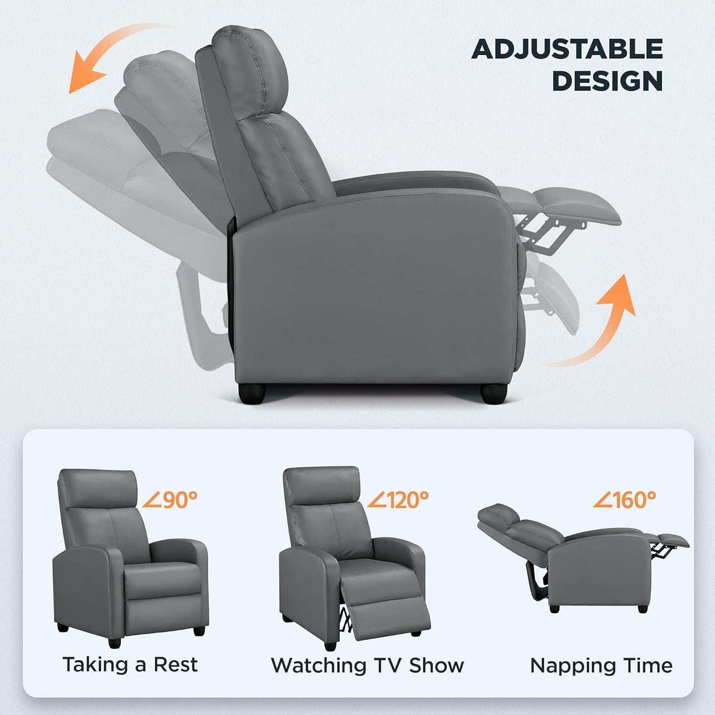 Recliner Chair PU Leather Recliner Sofa Home Theater Seating with Lumbar Support Overstuffed High-Density Sponge Push Silver Gray Recliners