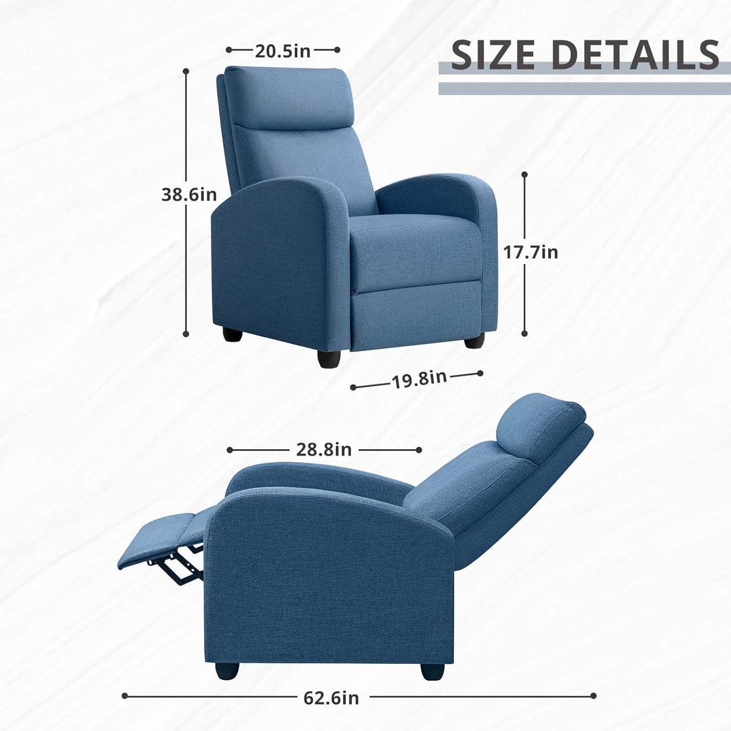 Recliner Chair Adjustable Home Theater Single Fabric Recliner Sofa Furniture with Thick Seat Cushion and Backrest Modern Living Room Recliners (Light-Blue)