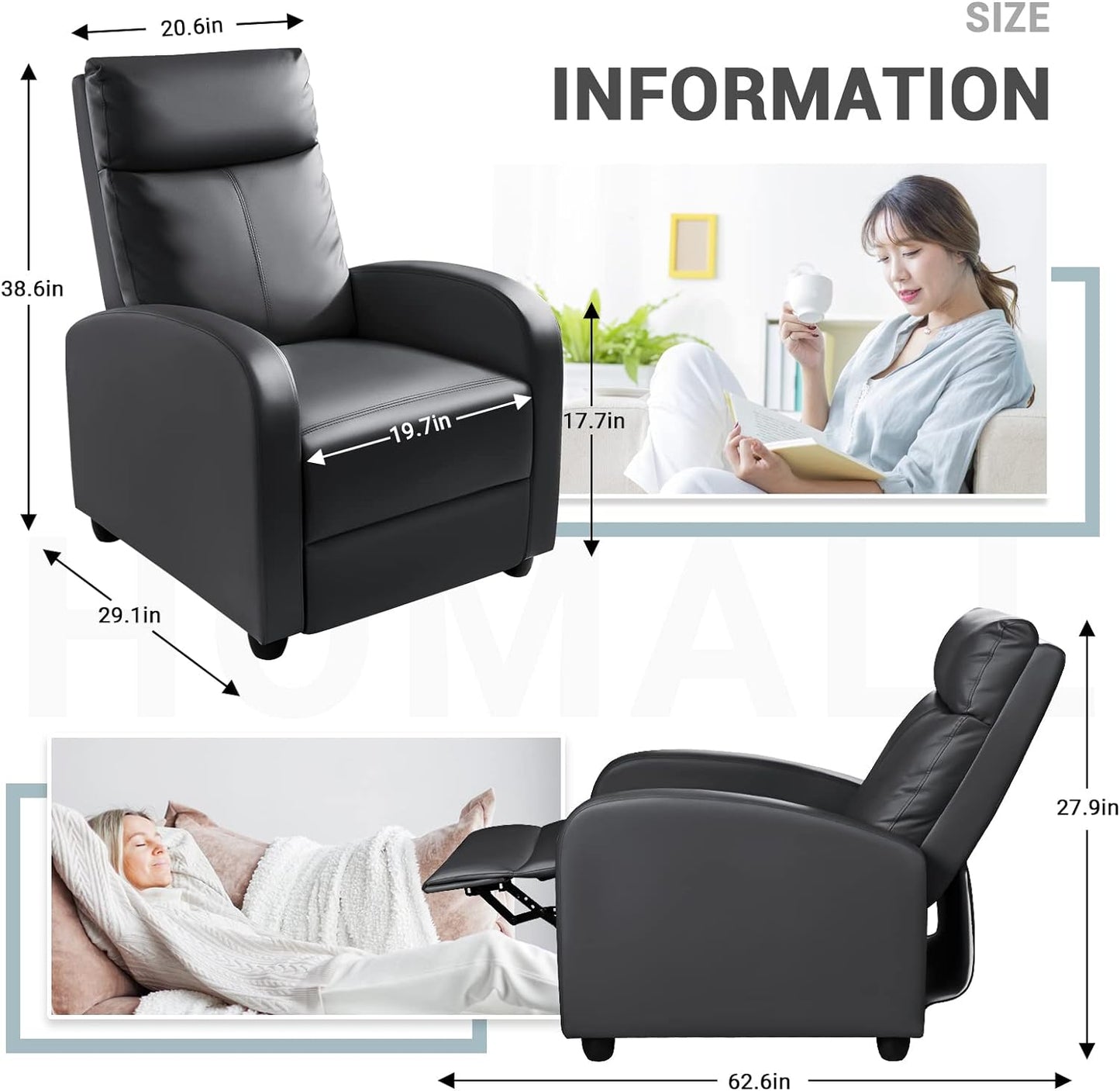 Massage Recliner Chair, Recliner Sofa PU Leather for Adults, Recliners Home Theater Seating with Lumbar Support, Reclining Sofa Chair for Living Room (Dark Black, Leather)