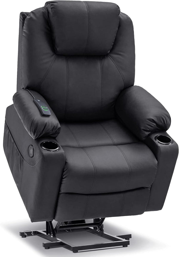 Electric Power Lift Recliner Chair Sofa with Massage and Heat for Elderly, 3 Positions, 2 Side Pockets, and Cup Holders, USB Ports, Faux Leather 7040 (Medium, Black)