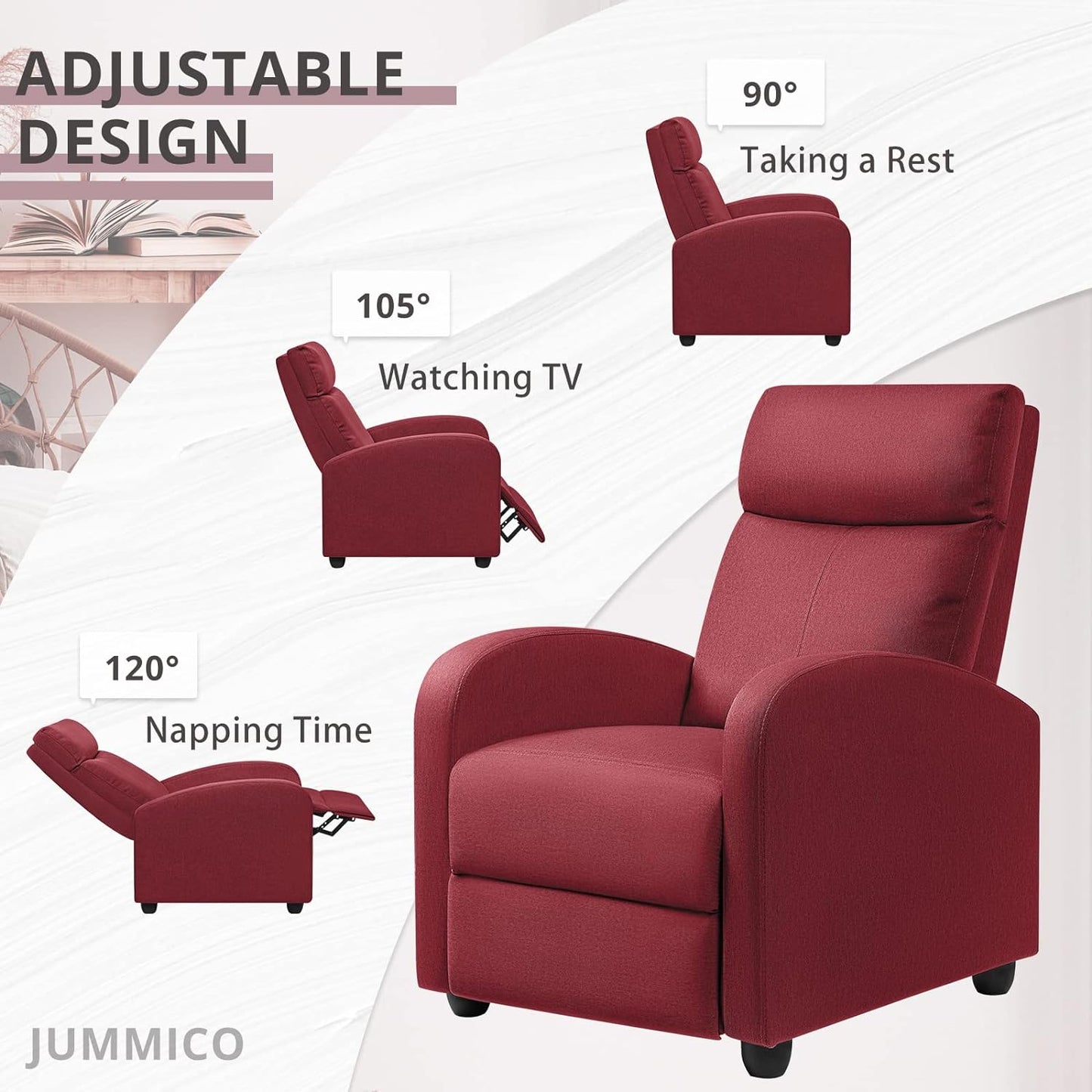 Recliner Chair Adjustable Home Theater Single Fabric Recliner Sofa Furniture with Thick Seat Cushion and Backrest Modern Living Room Recliners (Red)