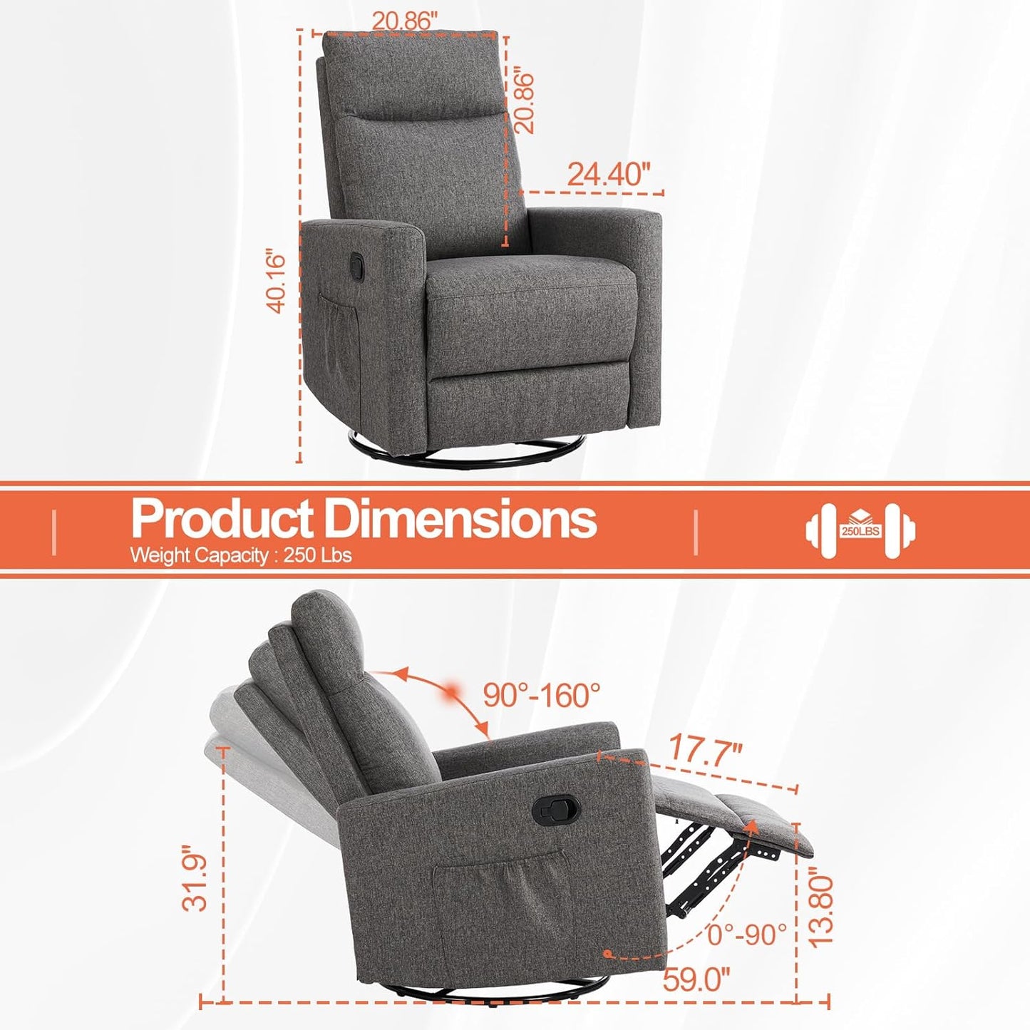 Swivel Rocking, Glider Rocker Recliner, Nursery Chair with Extra Large Footrest for Living Room, High Back, Upholstered Seat (Deep Gray)