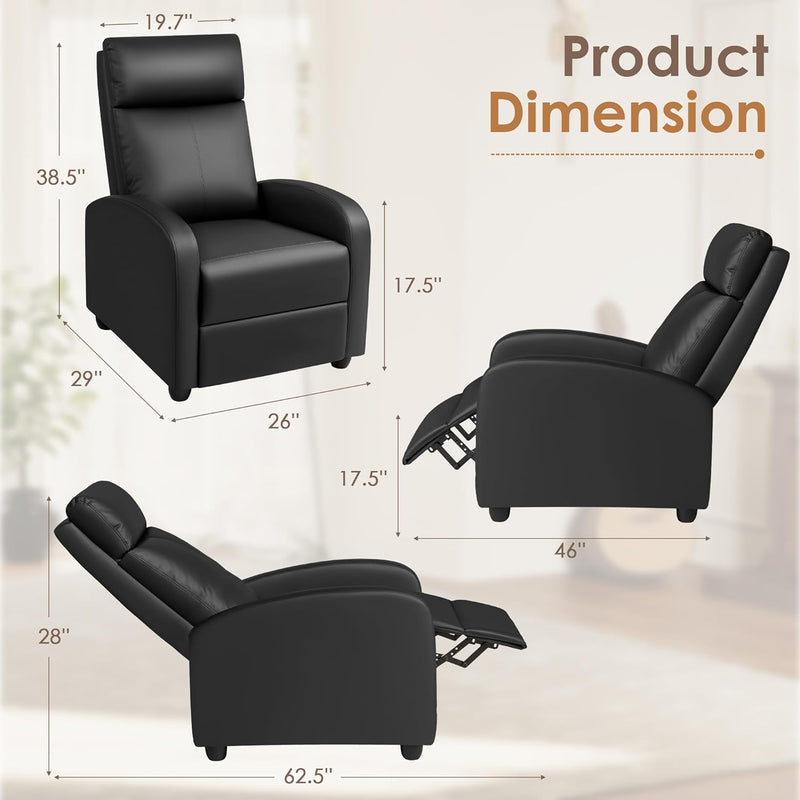 Recliner Chair Modern PU Leather Reclining Chair Ergonomic Adjustable Recliner for Living Room Home Theater Seating Single Sofa (Black)