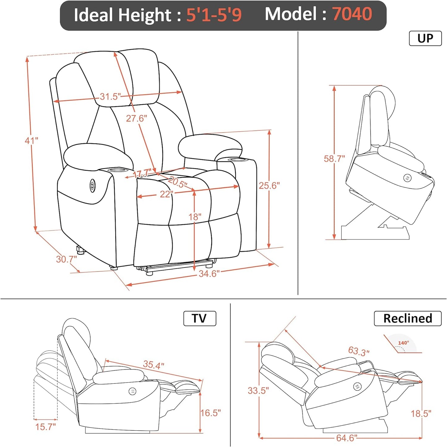 Electric Power Lift Recliner Chair Sofa with Massage and Heat for Elderly, 3 Positions, 2 Side Pockets, and Cup Holders, USB Ports, Faux Leather 7040 (Medium, Red)