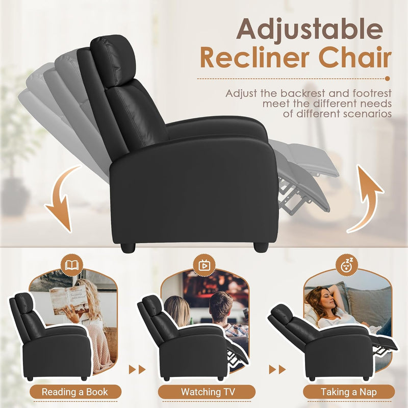 Recliner Chair Modern PU Leather Reclining Chair Ergonomic Adjustable Recliner for Living Room Home Theater Seating Single Sofa (Black)